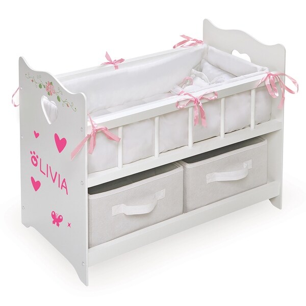 Badger Basket Doll Crib with Bedding, Two Baskets, and Free Personalization Kit - White Rose