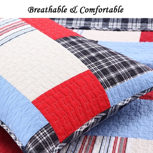 Thomas Firetruck Blue Red Plaid Patchwork Queen Quilt Bedding Set