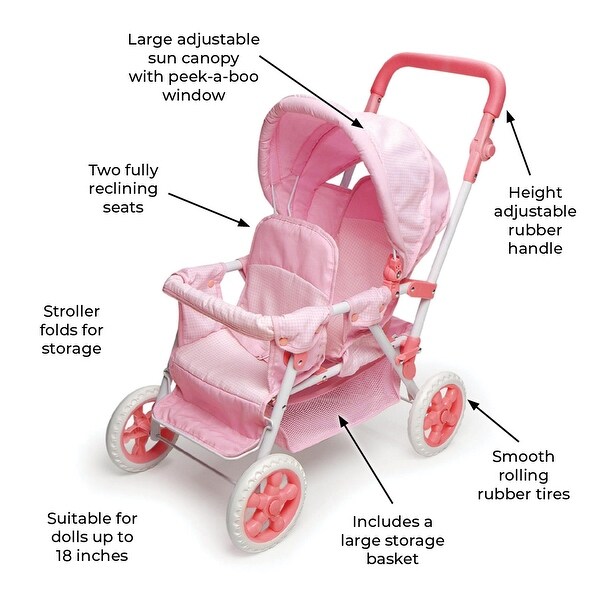 Badger Basket Folding Double Front-to-Back Doll Stroller - Pink/Gingham
