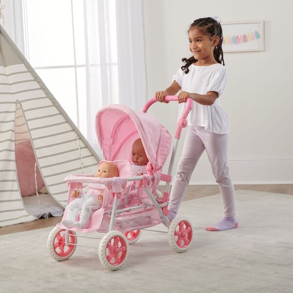 Badger Basket Folding Double Front-to-Back Doll Stroller - Pink/Gingham