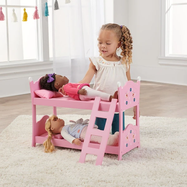 Badger Basket Blossoms and Butterflies Doll Bunk Bed with Ladder and Bedding - Pink