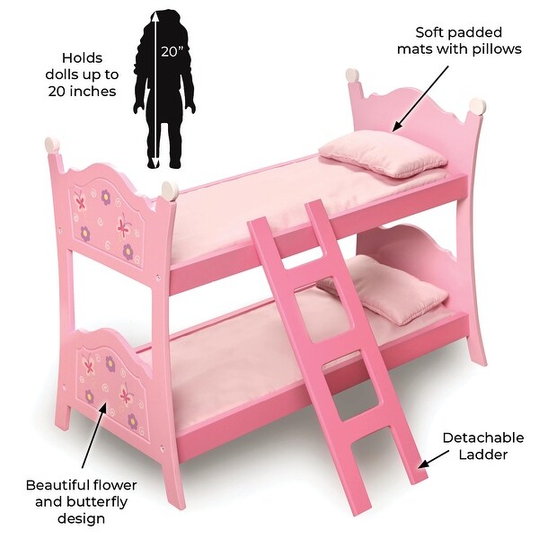 Badger Basket Blossoms and Butterflies Doll Bunk Bed with Ladder and Bedding - Pink