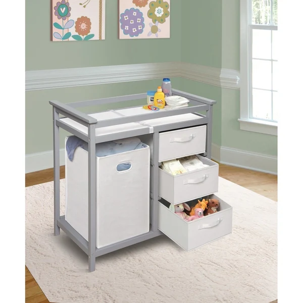 Modern Baby Changing Table with Hamper and 3 Baskets