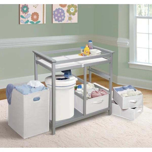 Modern Baby Changing Table with Hamper and 3 Baskets