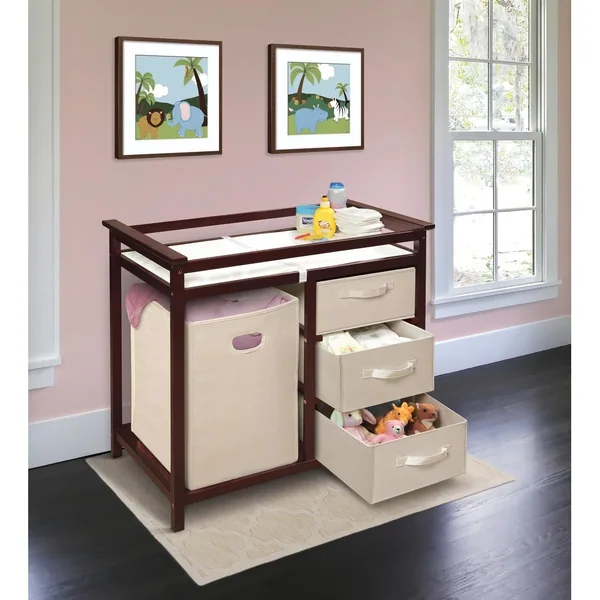 Modern Baby Changing Table with Hamper and 3 Baskets