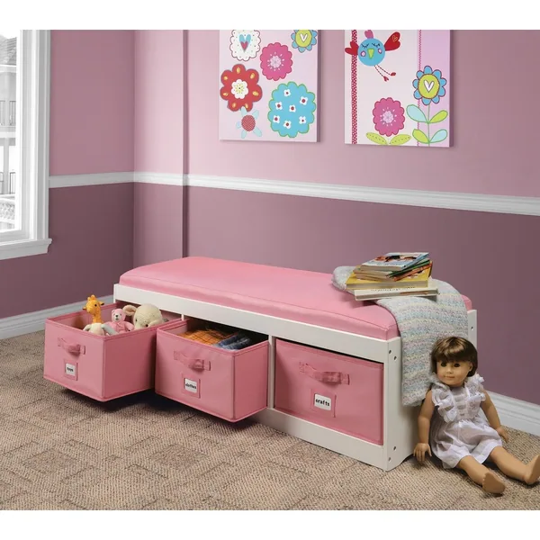 Badger Basket Kid's Storage Bench with Cushion and Three Bins