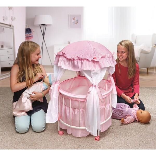 Badger Basket Royal Pavilion Round Doll Crib with Canopy and Bedding - Pink/White
