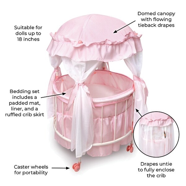 Badger Basket Royal Pavilion Round Doll Crib with Canopy and Bedding - Pink/White 4 Badger Basket Royal Pavilion Round Doll Crib with Canopy and Bedding - Pink/White