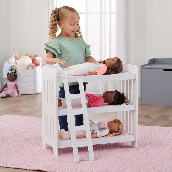 Badger Basket Triple Doll Bunk Bed with Ladder, Bedding, and Free Personalization Kit - Pink Gingham