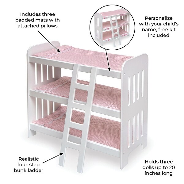 Badger Basket Triple Doll Bunk Bed with Ladder, Bedding, and Free Personalization Kit - Pink Gingham