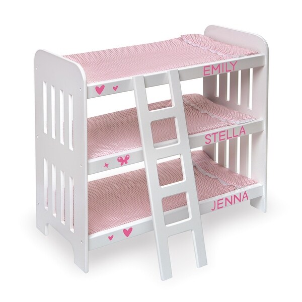 Badger Basket Triple Doll Bunk Bed with Ladder, Bedding, and Free Personalization Kit - Pink Gingham